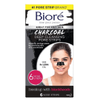 BIORE Bandes de Nettoyage en Profondeur des Pores au Charbon packaging x6, disponible chez Univers Cosmetix à Dakar, mettant en scène une femme souriante avec une bandelette nasale appliquée.