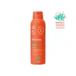 Bombe aérosol de SVR Sun Secure Brume SPF 50+, crème solaire 200 ml avec étiquette écologique et emballage orange.
