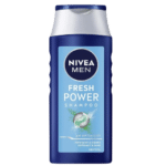 Flacon bleu de NIVEA MEN Shampooing Power Fresh 250 ml au menthol et au PH optimisé sur l'étiquette, présenté par Univers Cosmetix, mettant en avant sa qualité au Sénégal.