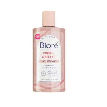 Flacon de Nettoyant Purifiant Quotidien Au Quartz Rose & Charbon Bioré au bouchon rose, conçu pour les peaux normales et grasses. Ce nettoyant de 200 ml assure un nettoyage rafraîchissant au quotidien. dakar, Sénégal