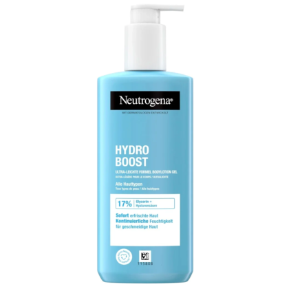 Flacon bleu de 250 ml de NEUTROGENA Hydro Boost Gel Crème Corps Hydratant et désaltarant lotion corporelle avec un distributeur à pompe et un texte décrivant ses bienfaits en allemand. dakar, Sénégal