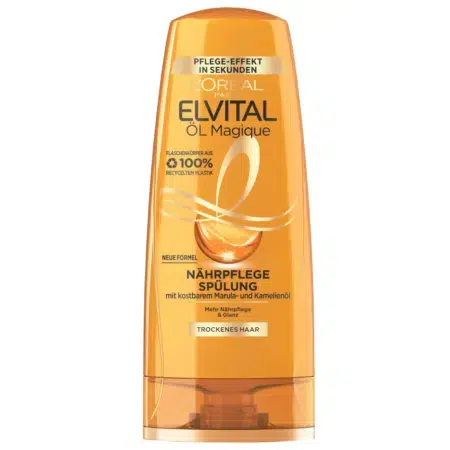 Le flacon de revitalisant L'Oréal Elvital Öl Magique pour cheveux secs, infusé d'huile de marula et de camélia, est présenté dans un emballage de couleur ambrée. Associez-le au Shampoing Dream Longueur Anti-Casse Cheveux L'Oréal Paris 200 ml pour des résultats optimaux.