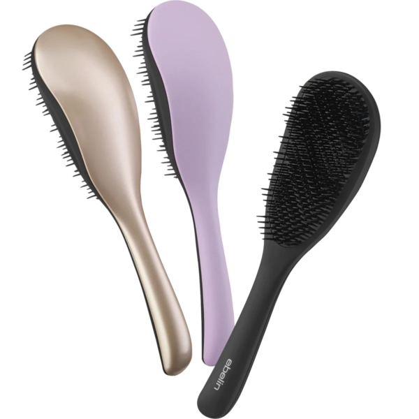 Trois brosses à cheveux Ebelin Démêlant Cheveux Professionnel, chacune avec un manche ergonomique disponible en or métallisé, violet doux et noir, disposées côte à côte.