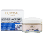 L'Oréal Paris Crème de Nuit Hydra Active 3 50 ml, disponible chez Univers Cosmetix. Pot blanc aux côtés de son packaging, délivrant de la qualité sans être pas cher.
