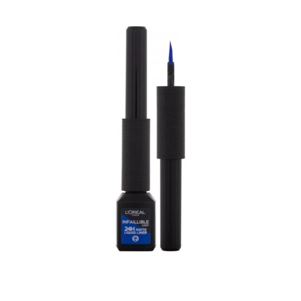Eyeliner L'Oréal Paris noir - Perfect Slim - Bleu avec une étiquette bleue et un capuchon partiellement retirés laissant apparaître l'embout applicateur.