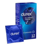 Boîte de Durex Préservatifs Classic Jeans Boîte de 12 avec un seul préservatif bleu dans son emballage à côté de la boîte.