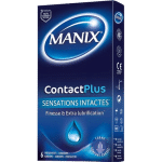 Boîte de préservatifs Manix Préservatifs Contact Plus Intact Sensations Boîte de 6 préservatifs avec texte soulignant "Finesse & Extra lubrification", montrant une goutte d'eau bleue et une qualité prometteuse.