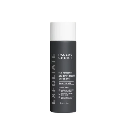 Un flacon noir et blanc de Paula's Choice Skin Perfecting 2% BHA Lotion Exfoliante Format 118 ml.