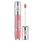 Tube d'Essence Cosmetics Brillant à Lèvres Teinte 107 Coral Glow 5 ml en rose de la collection Essence Cosmetics Brillant, avec et sans l'applicateur visible.