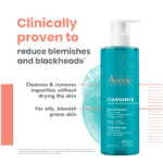 Un flacon de 400 ml de Avene Cleanance Gel Nettoyant, conçu pour les peaux grasses et sujettes aux imperfections, est présenté comme efficace pour réduire les imperfections et les points noirs.