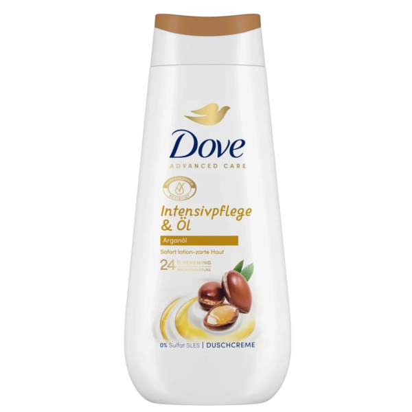 Un flacon de 225 ml de gel douche DOVE Crème Douche Advanced Care Soin Intensif Huile d'Argan, avec des images de noix d'argan et de tourbillons d'huile. dakar, Sénégal