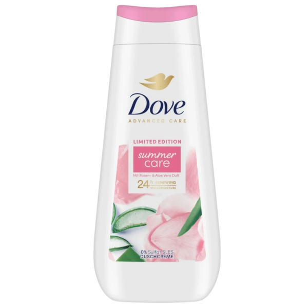 Un flacon de Dove Crème Douche Nourrissante au parfum de rose et d'aloe vera, offrant un effet régénérant 24 heures, 225 ml. dakar, Sénégal