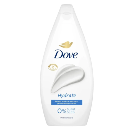 Gel douche DOVE Powered by Plants à l'eucalyptus en flacon de 250 ml avec un logo doré et un texte bleu, indiquant fièrement 0 % de sulfate SLES. Faites l'expérience du contact avec la nature avec DOVE Powered by Plants.