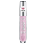 Tube transparent d'Essence Cosmetics Brillant à Lèvres teinte 107 Coral Glow, avec un bouchon argenté et une étiquette "extreme brillance volume".