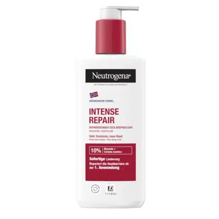 Un flacon de 250 ml de NEUTROGENA Lait pour le corps Intense Repair, doté d'une pompe et d'une étiquette rouges, offrant 10 % de glycérine plus du panthénol. dakar, Sénégal