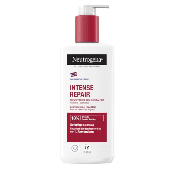 Un flacon de 250 ml de NEUTROGENA Lait pour le corps Intense Repair, doté d'une pompe et d'une étiquette rouges, offrant 10 % de glycérine plus du panthénol. dakar, Sénégal