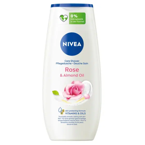 Un flacon de Nivea Crème Douche Huile de Rose et d'Amande 250 ml, représentant une image de rose et d'une goutte, avec des détails de texte sur l'étiquette.