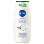 Un flacon blanc de NIVEA Gel Douche Huile de Noix de Coco et de Jojoba 250 ml, comportant une image de noix de coco et un texte vert sur sa formule.