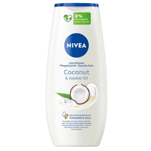 Un flacon blanc de NIVEA Gel Douche Huile de Noix de Coco et de Jojoba 250 ml, comportant une image de noix de coco et un texte vert sur sa formule.