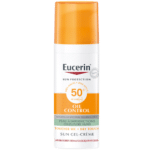 Eucerin Sun Gel-crème Oil Control SPF50+ Toucher Sec 50 ml, dans un flacon élégant blanc et orange de 50 ml.