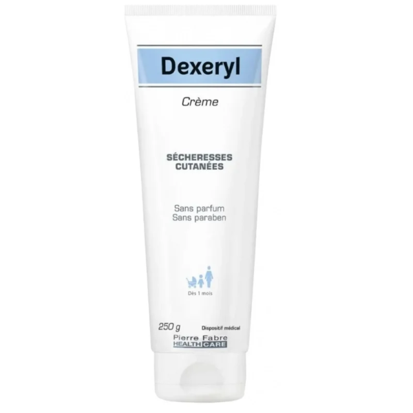 Un tube de Dexeryl Crème Peau Sèche 250 ml pour peaux sèches, de Pierre Fabre Healthcare, étiqueté sans parfum et sans paraben.