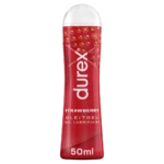 Durex Gel Lubrifiant Fraise Flacon de 50 ml, rouge et blanc avec un motif de graines de fraise près du haut — meilleur choix pour vos besoins de plaisir.
