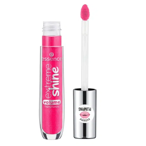 Tube ouvert de brillant à lèvres Shine Shine Shine After Dark Pink d'Essence Cosmetics avec un applicateur baguette et le texte « Shine Shine » sur le capuchon.