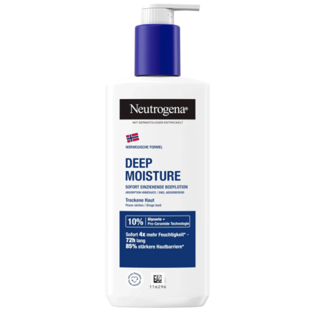 Un flacon de Neutrogena Deep Moisture Lait Corps Hydratation Intense Peaux Sèches en blanc, doté d'un distributeur à pompe et d'un texte bleu sur l'étiquette, 250 ml. dakar, Sénégal