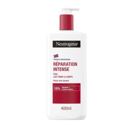 Un flacon de 400 ml de lotion pour le corps Neutrogena Lait de Corps Intense Repair avec un distributeur à pompe pratique et une étiquette rouge et blanche frappante. dakar, Sénégal