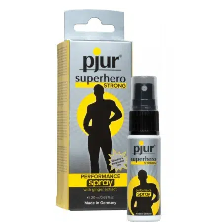 L'emballage et le flacon du spray Pjur SuperHero STRONG Performance pour homme de 20 ml présentent la silhouette d'une personne musclée sur l'étiquette, en gris et jaune élégants. dakar, Sénégal