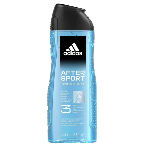 Le gel douche Adidas Men Gel Douche Homme After Sport 400 ml est conditionné dans un flacon bleu avec un bouchon noir et des côtés texturés. dakar, Sénégal