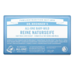 Une barre de 140 g de Dr. Bronner's Baby Doux Savon Naturel Pur dans un emballage bleu, étiqueté avec les ingrédients et les certifications. dakar, Sénégal