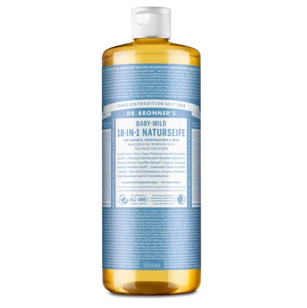 Flacon de Savon Liquide Amande Dr. Bronner's avec une étiquette bleue, format 473 ml.