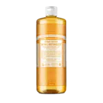 Une bouteille de Savon Naturel 18 en 1 Agrume Orange Dr Bronner's 240 ml, mettant en valeur l'étiquette et le liquide orange vibrant à l'intérieur. dakar, Sénégal