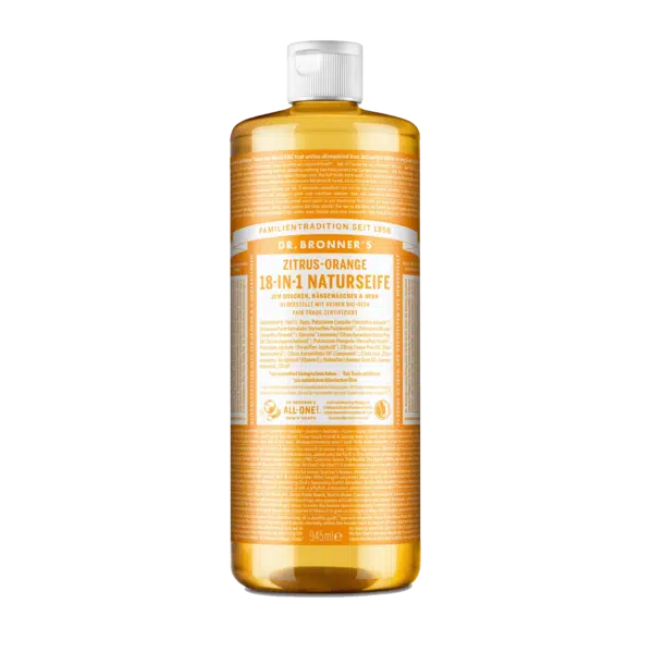 Une bouteille de Savon Naturel 18 en 1 Agrume Orange Dr Bronner's 240 ml, mettant en valeur l'étiquette et le liquide orange vibrant à l'intérieur. dakar, Sénégal