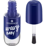 Un flacon bleu Essence Cosmetics Vernis à Ongles 61 WAVY BABY de 8 ml avec le texte "wavy BABY", présenté avec le capuchon retiré et le pinceau visible, incarne la qualité abordable offerte par Univers Cosmetix.