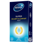 Boîte bleue et noire de Manix Super Préservatifs 12 au motif couronne de laurier, contenant 12 préservatifs de haute qualité de la marque Univers Cosmetix.