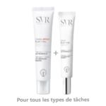 Deux produits de soin SVR : SVR Clairial Duo Anti Taches Sérum 30 ml + Crème Spf50+ 40 ml, sur fond blanc avec texte « Pour tous les types de tâches ». Disponibles chez Univers Cosmetix à Dakar, ces articles sont pas cher et efficaces.