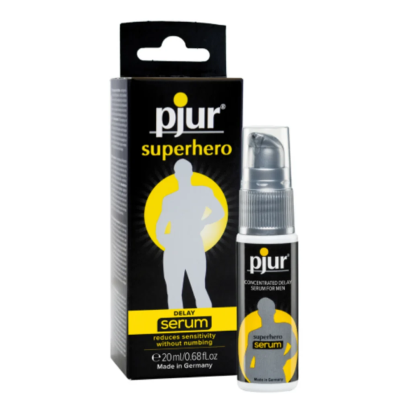 L'emballage noir et jaune du Pjur SuperHero DELAY Sérum Réduisant Sensibilité Éjaculation Précoce 20 ml, avec le flacon de 20 ml affiché à l'avant, met en valeur la puissance du Pjur Superhero Strong Spray. dakar, Sénégal