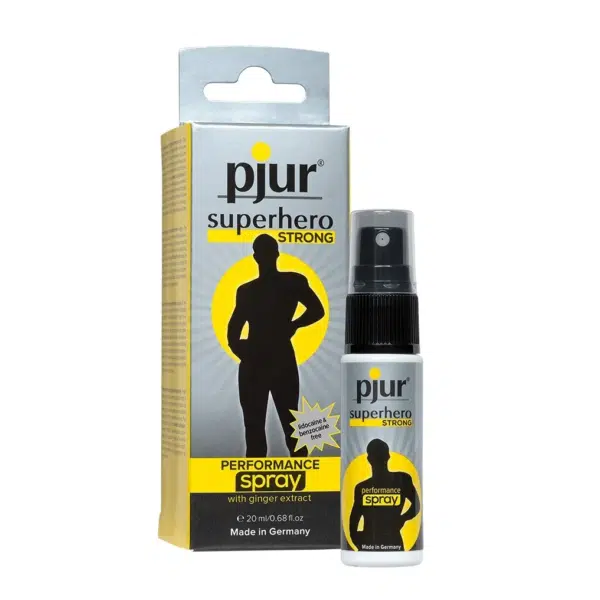Pjur Superhero Strong Spray Prolongeant Performance Homme à l'Extrait de Gingembre 20 ml, présenté à côté de son packaging jaune et gris.