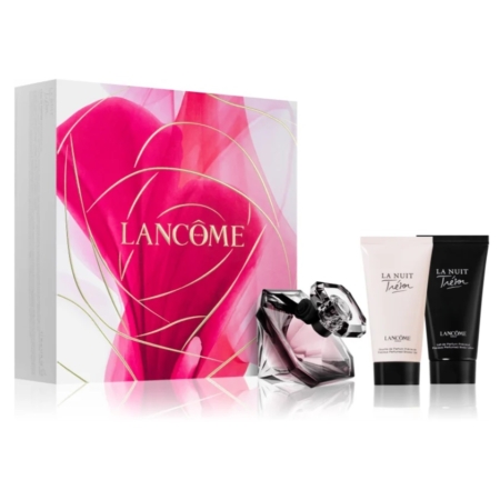 L'Eau de Parfum Femme Lancôme Paris La Nuit Trésor Coffret Cadeau comprend l'exquis parfum, lotion et gel douche La Nuit Trésor, le tout élégamment emballé dans une combinaison élégante de noir, blanc et rose.