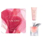 Le coffret cadeau La Vie Est Belle Coffret Cadeau Eau de Parfum Femme de Lancôme Paris comprend un flacon de parfum rose, un petit tube de lotion et une boîte décorative ornée d'un élégant design rose et or.