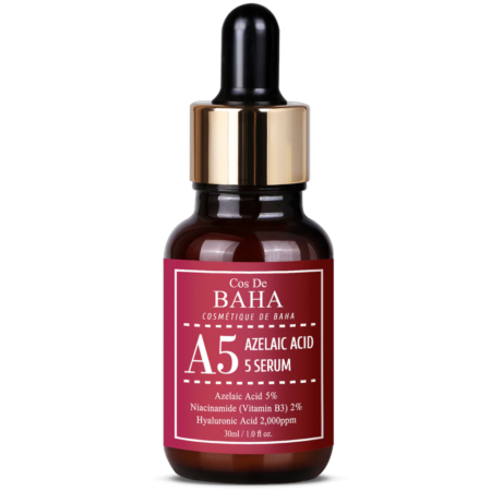 Un flacon de 30 ml de Cos De Baha Sérum Acide Azélaïque 5% Niacinamide pour les cicatrices d'acné kystique, les rougeurs du visage et les points noirs est livré avec un compte-gouttes et contient des ingrédients comme la niacinamide et l'acide hyaluronique. dakar, Sénégal