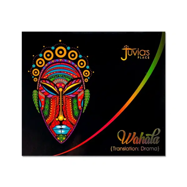 Illustration de masque africain coloré sur fond noir avec le texte "Juvia's Place Wahala {Traduction : Drame}" dessus, inspiré des teintes vibrantes de la Palette de Fards à Paupières Juvias Place THE NUBIAN ROYAL EYESHADOW 6 Ombres.