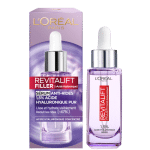 L'Oréal Revitalift Filler Sérum Anti-rides 1,5% Acide Hyaluronique Pur 30 ml à côté de sa boîte packaging violette, disponible chez Univers Cosmetix à un prix pas cher.