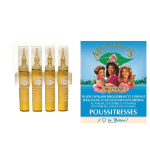 Ampoules de Miss Antilles international Poussitress Fluide Capillaire Rééquilibrant Et Coiffant 4 Ampoules x 10ml à côté d'un coffret mettant en vedette trois femmes avec le produit.