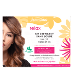 Packaging du Kit Activlong paris Défrisant sans soudure RELAX - DOUX, mettant en valeur les cheveux ondulés d'une femme, met en valeur les huiles enrichissantes de macadamia et de jojoba.