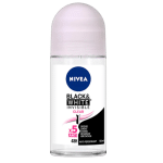 Un flacon de Déodorant Roll-On Invisible Clear Nivea Black And White 0% Alcool 48h 50 ml avec un bouchon rose et une protection 48 heures.
