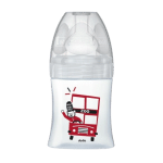 Biberon transparent avec un design de bus rouge à deux étages étiqueté « Zoo » et des personnages de dessins animés sur le devant, mettant en valeur la qualité signature de DODIE BIBERON VERRE LONDON 150ML.