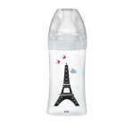 Un DODIE BIBERON VERRE PARIS 270ML orné d'un dessin de la Tour Eiffel et de deux oiseaux dessus, proposé par Univers Cosmetix. Le capuchon et la tétine sont transparents.
